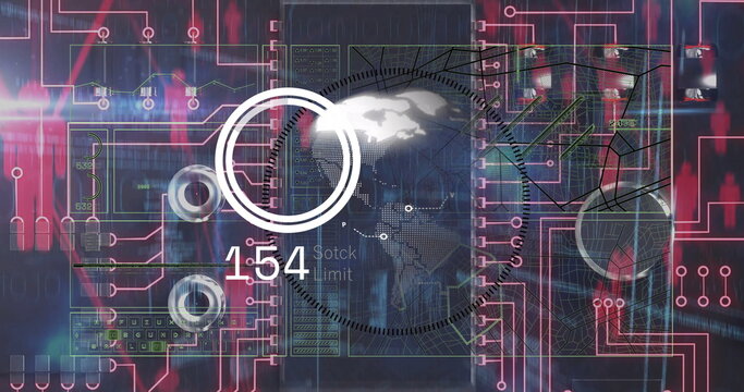 Showing circular HUD overlay projecting world map data at virtual interface, with numeric readouts