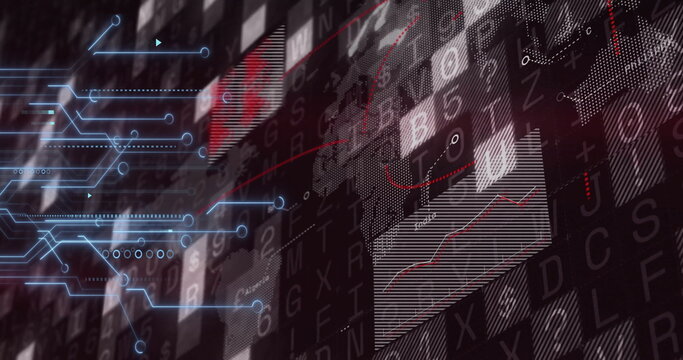 Matrix grid showing on dashboard, with data panels red fluctuating graph, blue circuit nodes arrows