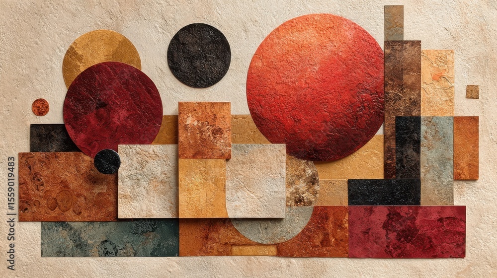 Poster colorful geometric shapes in various sizes and warm tones create an abstract composition. the arrang