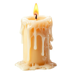 Melted candle with a burning wick isolated on black background