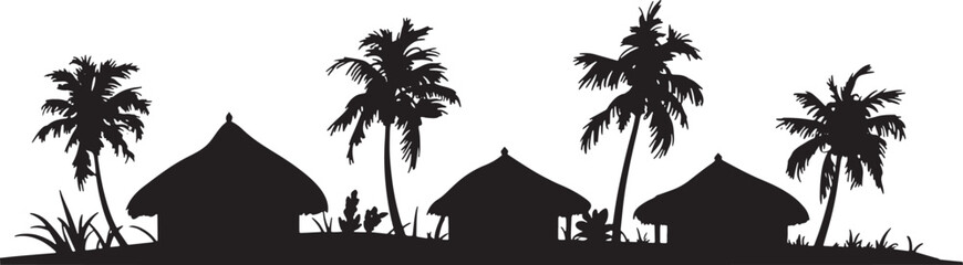 Tropical Island Silhouette Skyline Black White Palm Trees Huts Beach Grass Vegetation vector