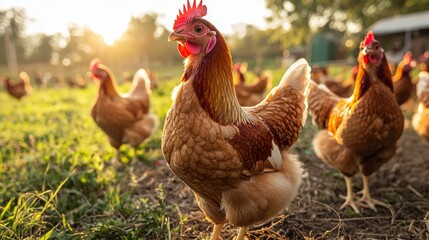 Fototapeta premium Golden Light Over Happy Free-Range Chickens
