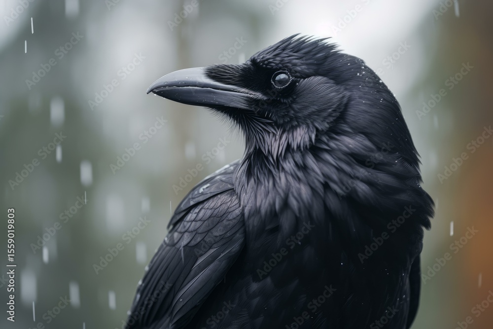 Poster close up of a raven with glossy black feathers, perched in a forest during a gentle rain, creating a