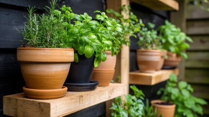 A row of terracotta and black pots with fresh green herbs growing on wooden shelves against a dark wall.