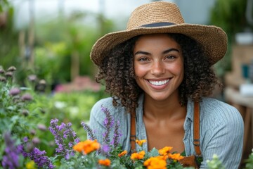 Woman in a garden with sunhat surrounded by colorful flowers