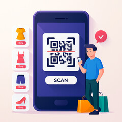 A man scans a QR code on his phone for online shopping to purchase stylish apparel, including dress, top, shorts, and shoes, making purchases through e-commerce platforms.