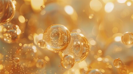 Golden bubbles floating in a liquid, shimmering and reflecting light.  The image evokes a sense of luxury and effervescence.
