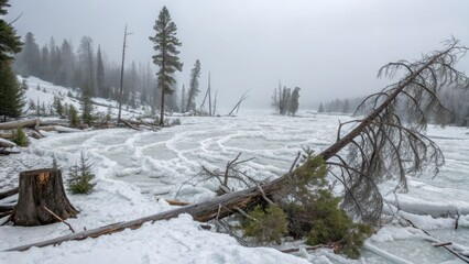 A snowy landscape with fallen trees and a misty atmosphere in a tranquil, remote setting.