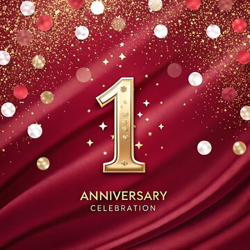 Elegant golden number one anniversary celebration with red draping and confetti