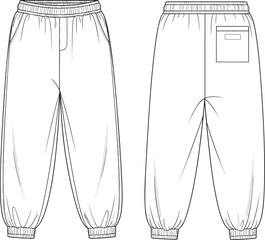 Relaxed Jogger Pants Design Sketches: Front and Back Views of Comfortable Casual Wear