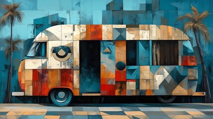Geometric abstract camper van with vibrant colors and palm trees in modern art style