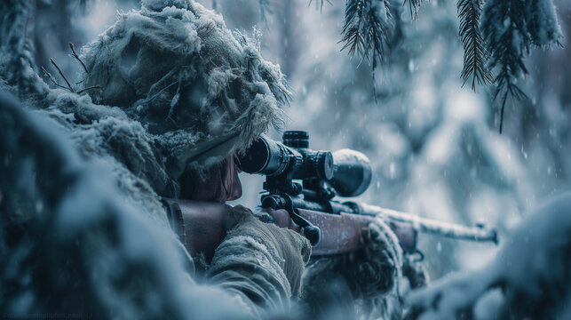 World War II sniper in winter camouflage, snowy forest, no face visible