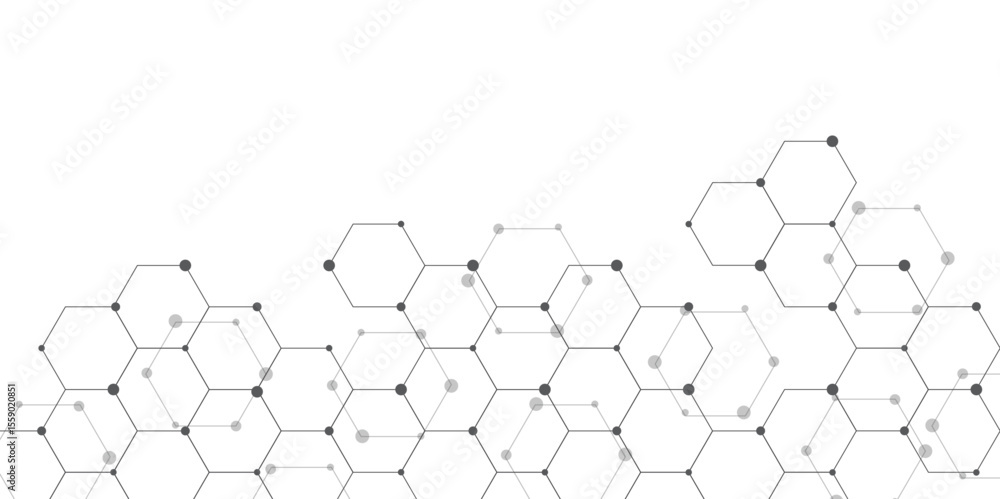 Poster Molecular structure abstract tech background. Geometric white background. Vector banner design with hexagons. Science network pattern, connecting lines and dots Medical background, Vector illustration
