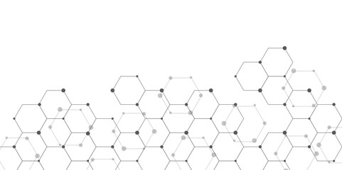 Molecular structure abstract tech background. Geometric white background. Vector banner design with hexagons. Science network pattern, connecting lines and dots Medical background, Vector illustration