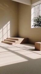 Fototapeta premium Minimalist sunlit interior with staircase and large window