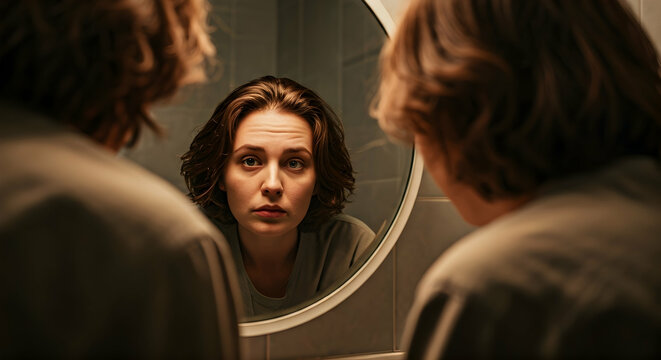 A woman gazes at her worried reflection in a bathroom mirror a poignant image for self-reflection and mental health awareness campaigns or personal struggle narratives.