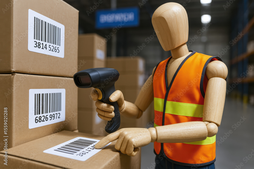 Poster efficiency and accuracy drive operations as the wooden mannequin scans barcode labels to ensure smoo