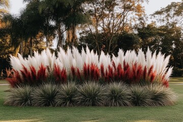 Vibrant red and white pampas grass in lush garden setting