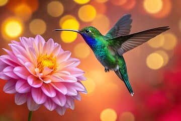 Vibrant green hummingbird hovers near a delicate pink dahlia flower