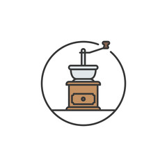 Vintage coffee grinder icon symbolizing fresh grounds. Great for café branding, brewing guides, and specialty menus focused on aroma, texture, and handcrafted quality