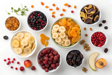 Obraz premium Top-down composition featuring a colorful assortment of dried fruits and berries, including raisins, cranberries, dried apricots, figs, apple slices, banana chips, dates, and dried mango. Displayed in