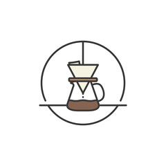 Flat-style icon of a pour-over coffee dripper with glass pitcher, ideal for specialty café branding, emphasizing handcrafted brews, barista tools, and slow coffee experiences