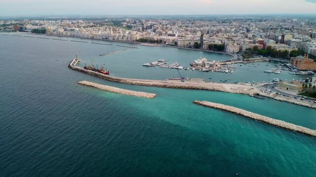 Bari, Italy &ndash; September 25 2024: Aerial drone view of the city of Bari, capital of Apulia in southern Italy, featuring the old town, seafront promenade, and Adriatic coast.