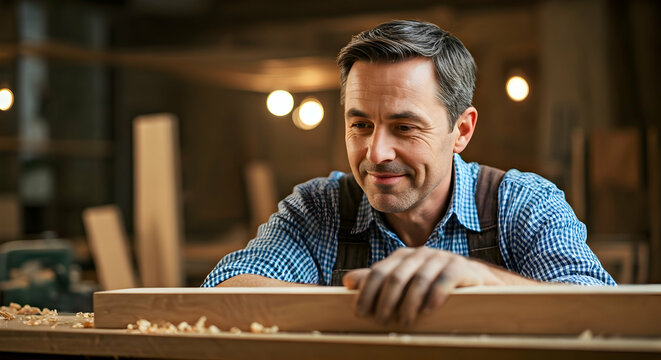 A skilled craftsman examines timber with care a perfect visual for promoting woodworking tools DIY projects or artisan crafts and dedication.
