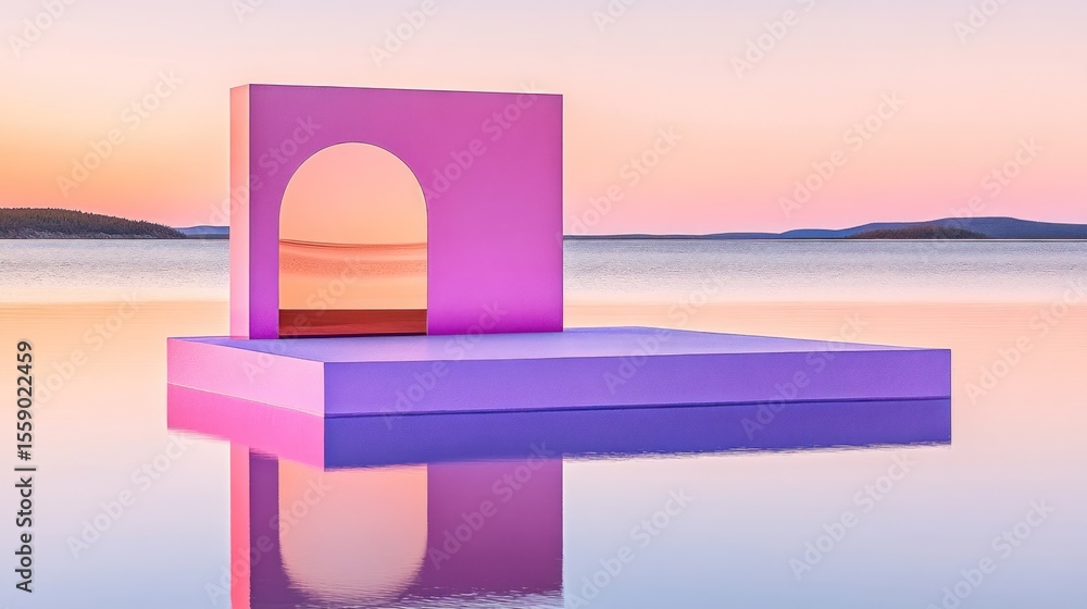 Aufkleber surreal floating architecture: pink archway and platform reflecting in water.