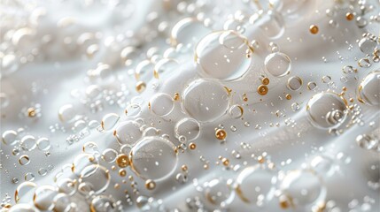 Fototapeta premium Close-up shot of air bubbles on a white fabric surface. The bubbles are translucent with golden highlights.