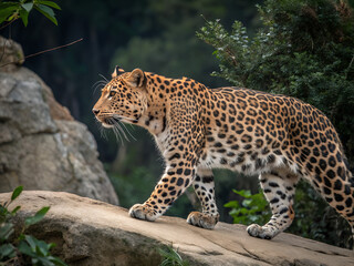 Fototapeta premium A leopard walks on a rock surrounded by greenery and large stones