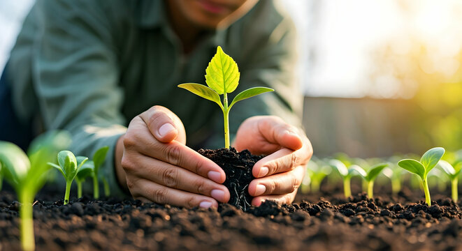 Fototapeta A person’s hands gently nurture a young green plant in rich soil under sunlight. Ideal for themes of growth environment sustainability new beginnings agriculture and natural living.