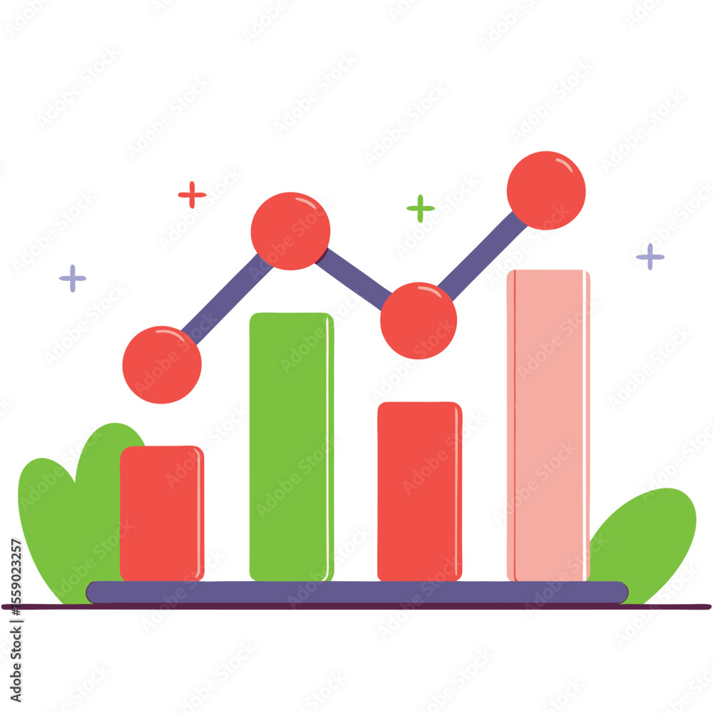 Poster stylized bar chart with line graph showing upward trend and growth