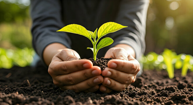 Fototapeta Hands gently hold a vibrant green seedling ready for planting in rich soil. Ideal for themes of growth sustainability nature and new beginnings.