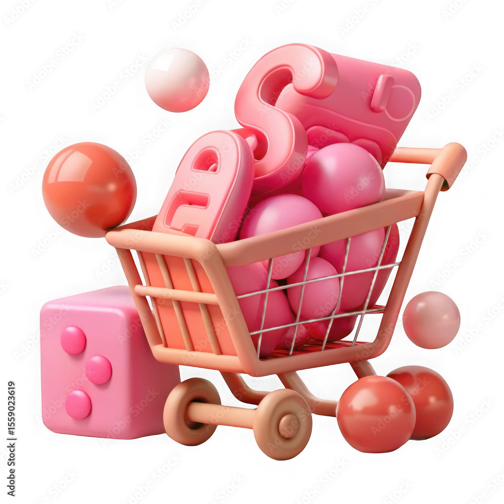 Poster 3d render of pink shopping cart with sale text and floating spheres isolated on transparent backgrou