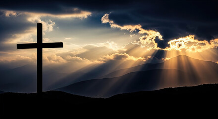 Jesus Christ cross. Easter, resurrection concept. Christian cross on a background with dramatic lighting, colorful mountain sunset, dark clouds and sky and sunbeams