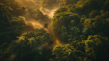 Golden hour sunlight illuminates lush tropical rainforest canopy