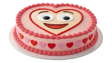 Heart shaped valentines cake with smiley face and pink frosting for romantic celebration dessert idea isolated on transparent background