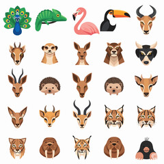 Stylized Colorful Animal Head Icons – Peacock, Chameleon, Kangaroo, and More in Modern Vector Logo Style

