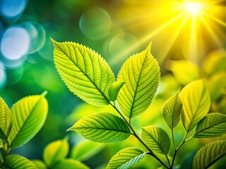 Bright sunlight illuminates fresh green leaves on a branch, showcasing vibrant nature and the lush growth of summer foliage