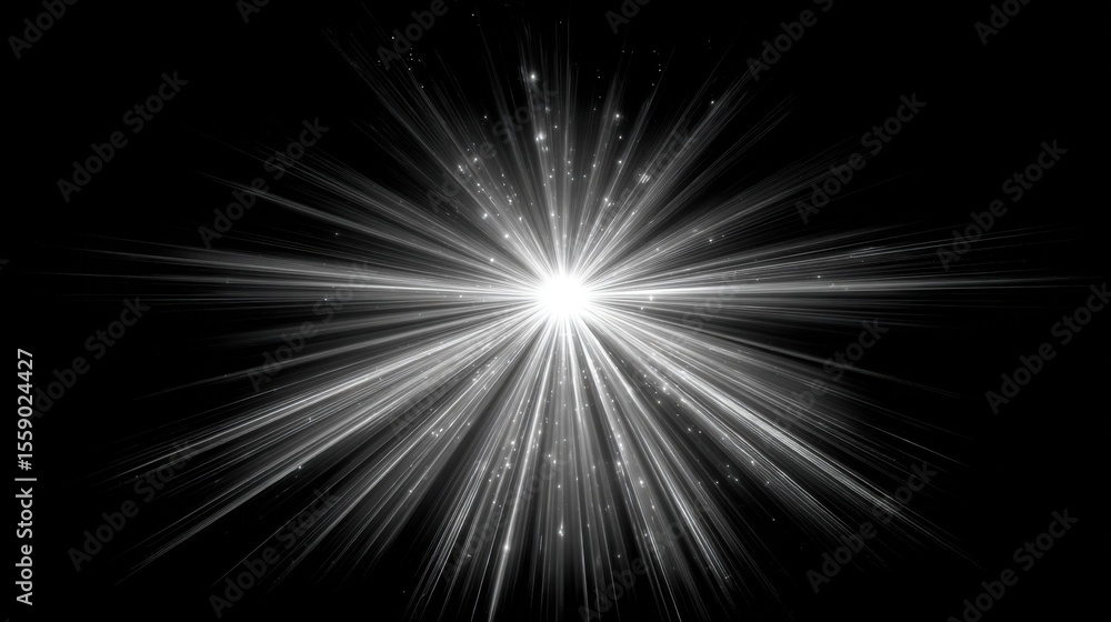 Poster a vibrant light source explodes at the center of a pitch-black background, sending rays and particle
