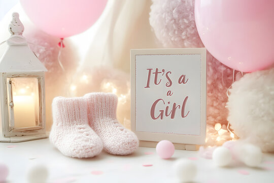 It’s a girl baby shower celebration with pink knitted booties, gender reveal party table setup with soft pastel decorations, glowing lights, balloons, cute sign, newborn arrival concept background