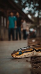Close-up of python on sidewalk with blurred background of people