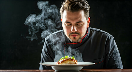 A chef in a dark uniform smells a steaming gourmet dish with closed eyes experiencing its aroma. Perfect for culinary arts food preparation and restaurant promotional content. This evokes sensory plea