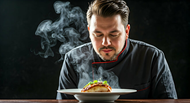 A chef in a dark uniform smells a steaming gourmet dish with closed eyes experiencing its aroma. Perfect for culinary arts food preparation and restaurant promotional content. This evokes sensory plea