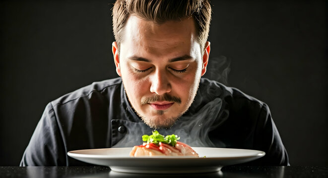 A focused chef inhales the rich aroma of a freshly prepared meal savoring its essence. Ideal for culinary blogs restaurant promotions and food service advertisements highlighting quality ingredients a - Powered by Adobe