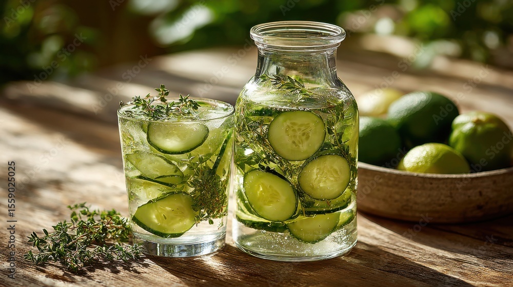 Poster a vibrant cucumber lime drink is presented in a clear glass and jar, filled with fresh cucumber slic