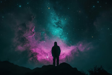 Fototapeta premium Silhouette of person stargazing at vibrant nebula under starry night sky