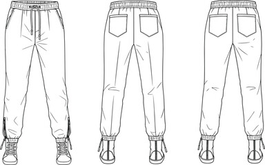 Technical flat sketch of unisex jogger sweatpants featuring an elastic waistband, drawcords, side pockets, and zippered cuffs, ideal for activewear design, apparel, and pattern making.
