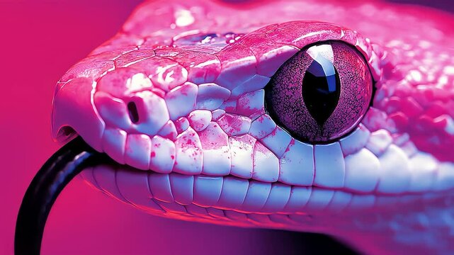 Close-up of pink snake extending tongue against soft purple backdrop, striking reptilian details